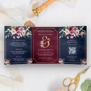 Pink Marsala Floral Ampersand Navy QR Code Wedding Tri-Fold Invitation