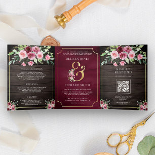 Pink Marsala Floral Ampersand Wood QR Code Wedding Tri-Fold Invitation