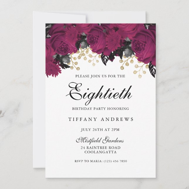 Pink Marsala Flowers 80th Birthday Party Invite (Front)