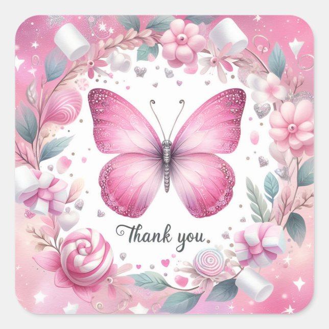 Pink Marshmallow Candy Butterfly - Thank you - Square Sticker (Front)