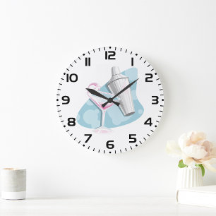 Pink Martini Cocktail and Silver Shaker Large Clock