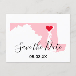 Pink Maryland Red Heart Save the Date Announcement Postcard