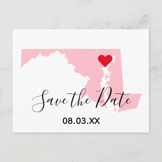 Pink Maryland Red Heart Save the Date Announcement Postcard (Front)