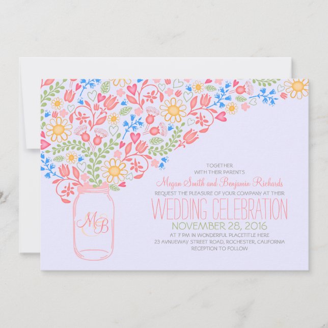 pink mason jar creative flowers wedding invitation (Front)