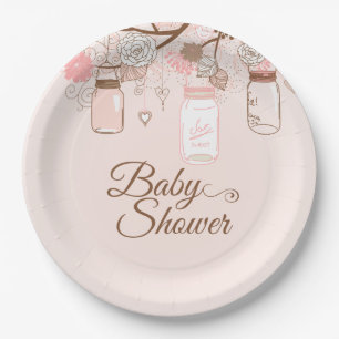 Pink mason jar floral baby girl shower paper plate