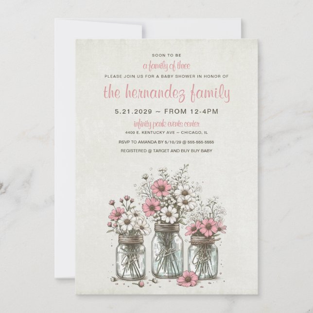 Pink Mason Jar Flowers Baby Shower Invitation (Front)