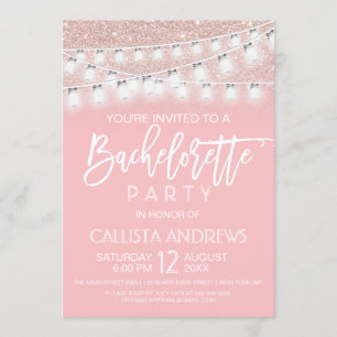 Pink Mason Jar String Lights Glitter Bachelorette Invitation