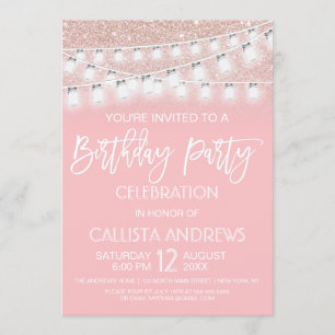 Pink Mason Jar String Lights Glitter Birthday Invitation
