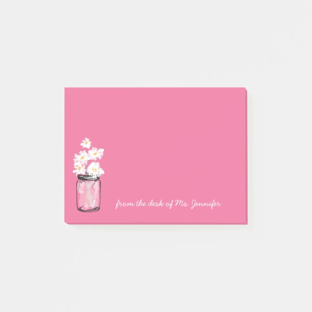 Pink Mason Jar White Daisy Floral Personalise Note (Front)