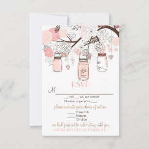 Pink Mason Jars and Love Birds RSVP Wedding Card