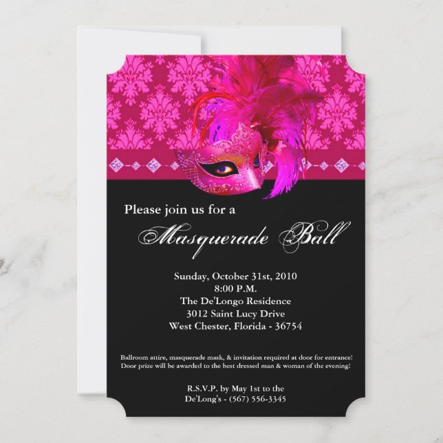 Pink Masquerade Ball Mask Costume Halloween Part Invitation (Front)