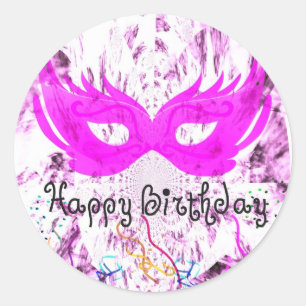 Pink Masquerade Happy Birthday Round Sticker