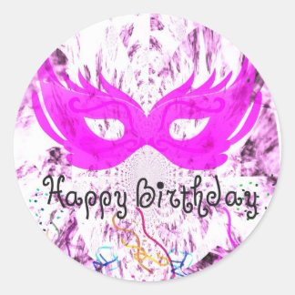 Pink Masquerade Happy Birthday Round Sticker