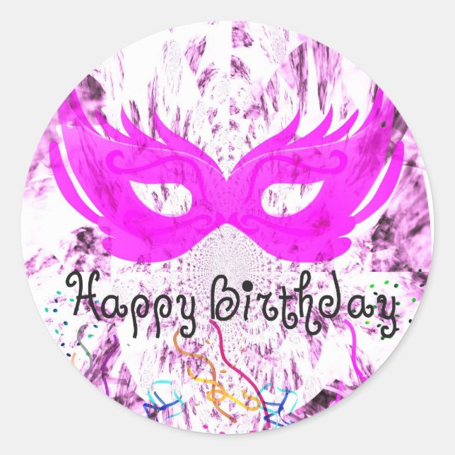 Pink Masquerade Happy Birthday Round Sticker (Front)