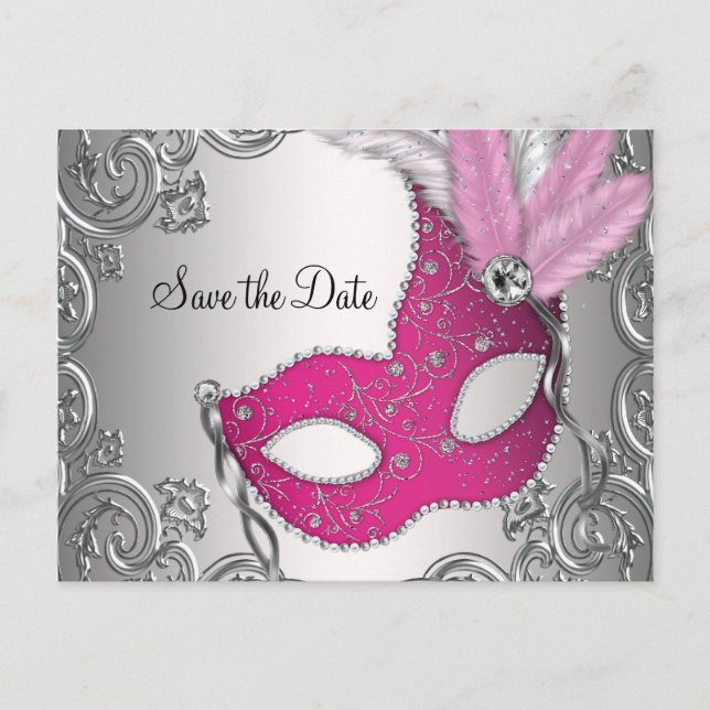 Pink Masquerade Save The Date Announcement Postcard (Front)