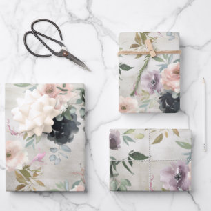 Pink Mauve & Black Plum Peonies & Eucalyptus Wrapping Paper Sheet