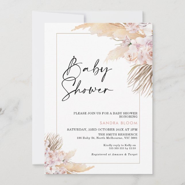 Pink Mauve Boho Pampas Grass Frame Baby Shower Invitation (Front)