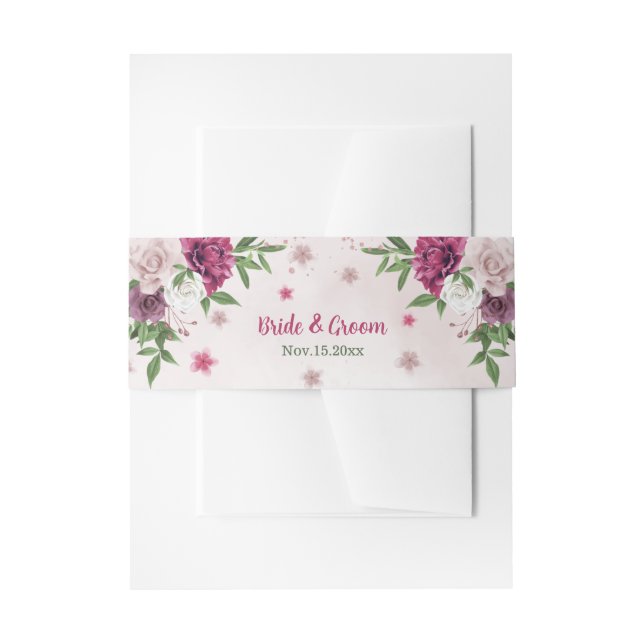 Pink mauve burgundy greenery wedding invitation belly band (Front Example)