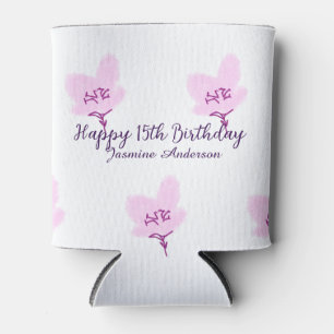 Pink mauve floral 15th birthday quinceanera name d can cooler