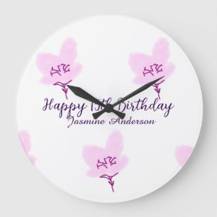 Pink mauve floral 15th birthday quinceanera name d large clock