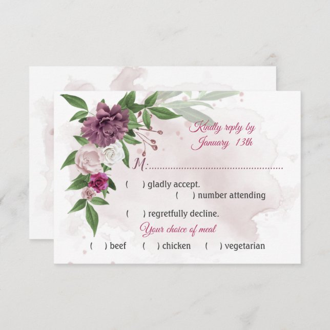 pink mauve flowers botanical meal choice RSVP card (Front/Back)