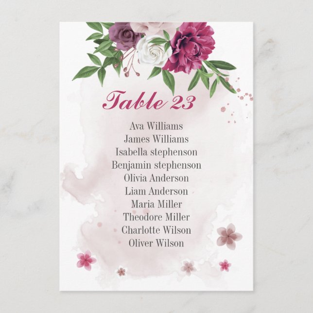 pink mauve flowers greenery seating chart card (Front)