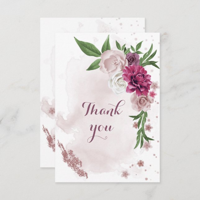 pink mauve flowers greenery  thank you card (Front/Back)
