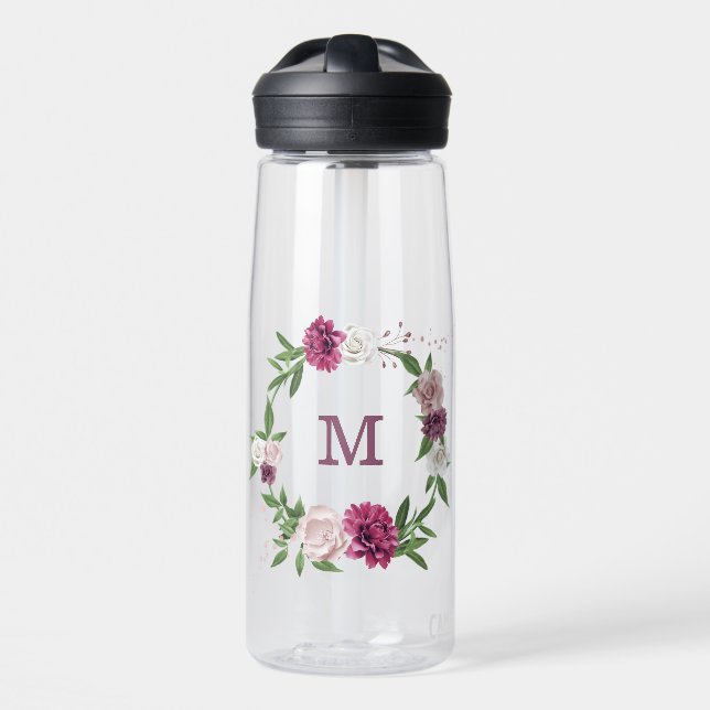 pink mauve flowers greenery water bottle (Front)