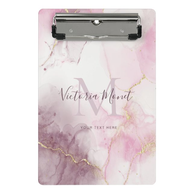 Pink Mauve Gold Vein Marble Script  Mini Clipboard (Front)