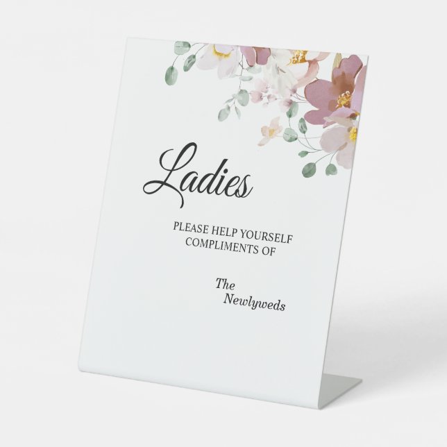 Pink Mauve Vintage Floral Wedding Ladies Bathroom Pedestal Sign (Front)