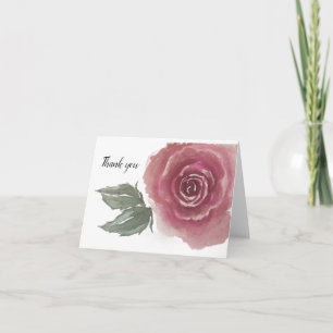 Pink mauve watercolor rose green leaves- blank  card