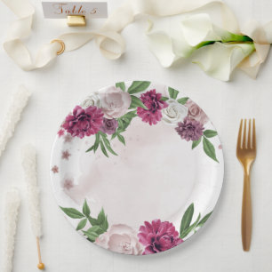 pink mauve white flowers botanical paper plate