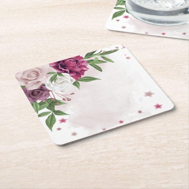 pink mauve white flowers botanical square paper coaster (Angled)