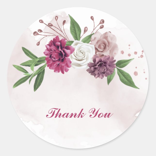pink mauve white flowers greenery  classic round sticker (Front)