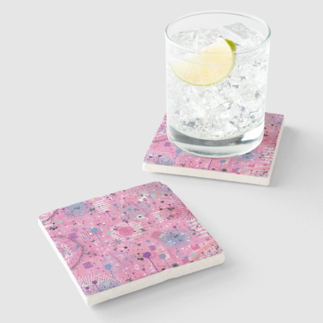 Pink Maximalist Abstract Art  Stone Coaster (Side)