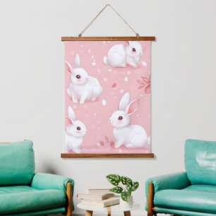 Pink Meadow Bunny Floral Garden Hanging Tapestry