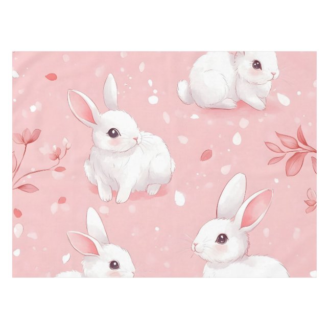 Pink Meadow Bunny Floral Garden Tablecloth (Front (Horizontal))
