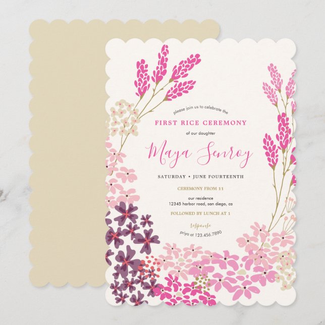Pink Meadow First Rice Ceremony Invitation (Front/Back)