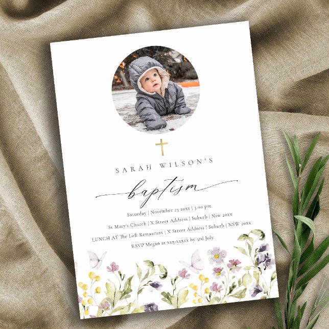Pink Meadow Floral Butterfly Photo Baptism Invite (Creator Uploaded)
