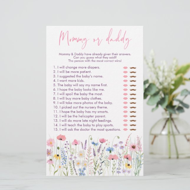 Pink Meadow Wildflowers Mummy or Daddy Shower Game (Standing Front)