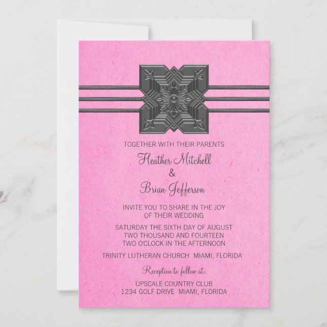 Pink Medallion Border Wedding Invite (Front)