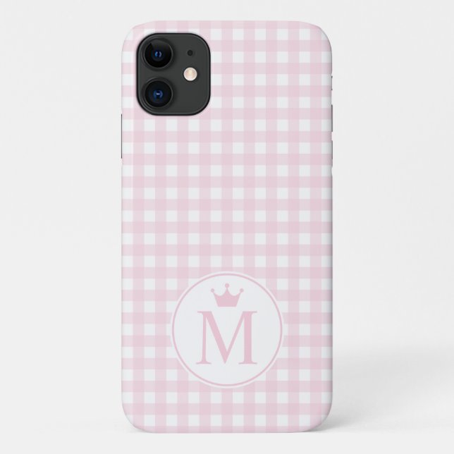 Pink Medium Gingham Pattern Monogram with Crown. Case-Mate iPhone Case (Back)