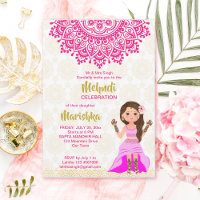 Pink mehndi mandala cute Indian girl cartoon