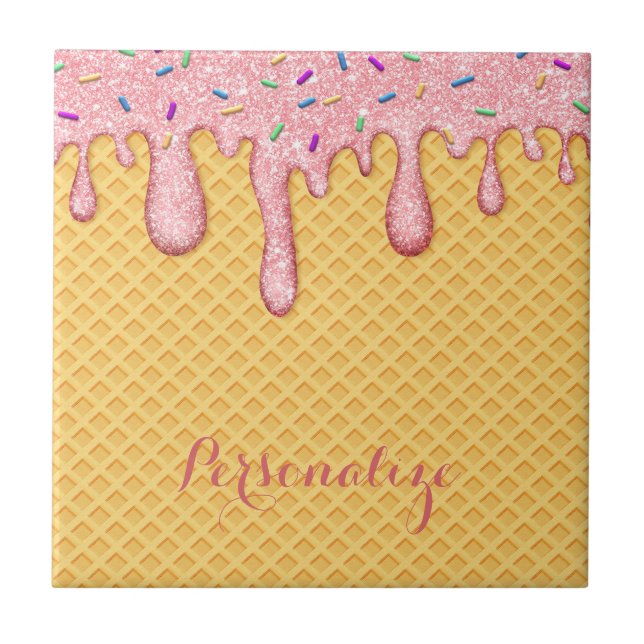 Pink Melting Ice Cream Cone Sweet Dessert Tile (Front)