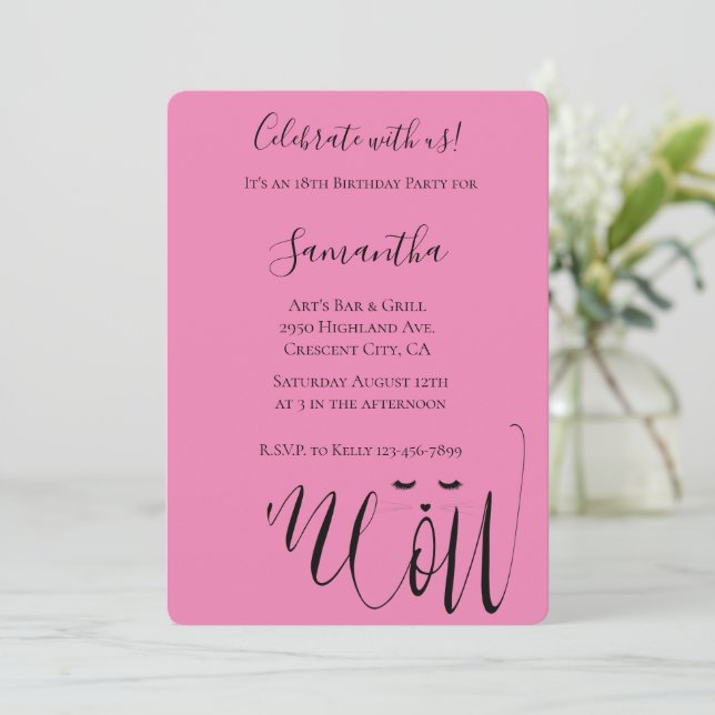 Pink Meow Cat Birthday Invitation (Standing Front)