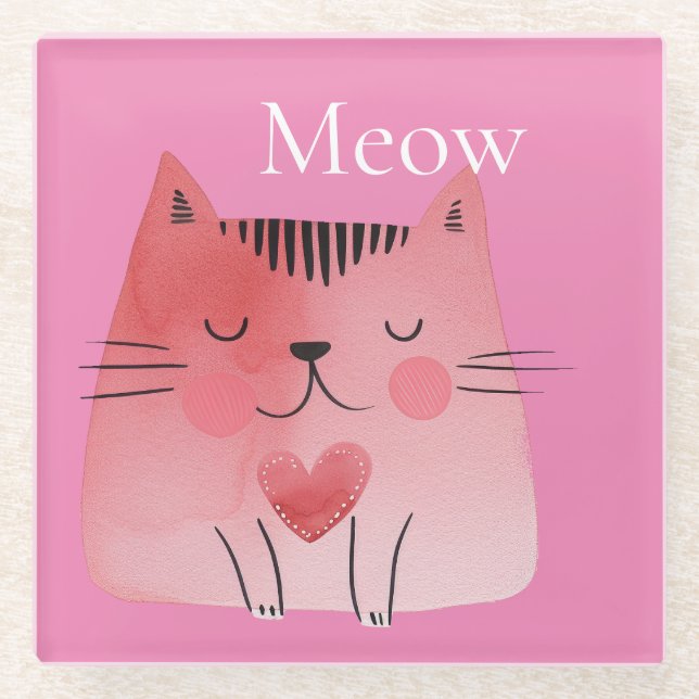 Pink Meow Cat  Glass Coaster (Front)