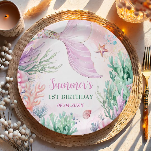 Pink Mermaid 1st Birthday Oneder The Sea Paper Plate (Creator Uploaded)