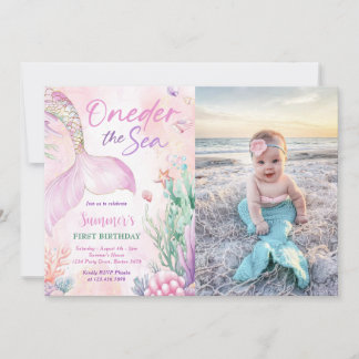 Pink Mermaid 1st Birthday Oneder the Sea Photo Invitation