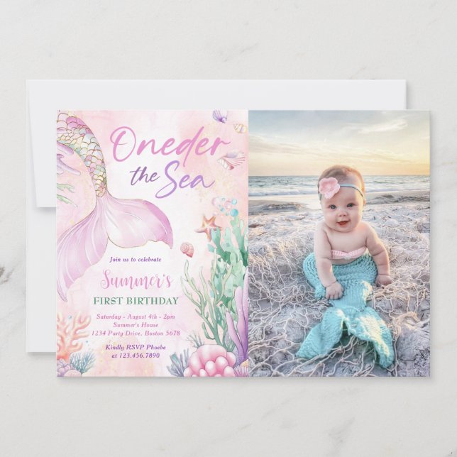 Pink Mermaid 1st Birthday Oneder the Sea Photo Invitation (Front)