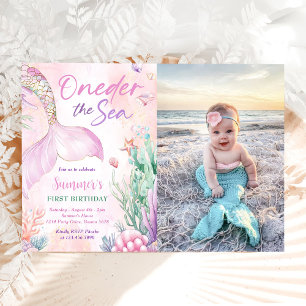 Pink Mermaid 1st Birthday Oneder the Sea Photo Invitation